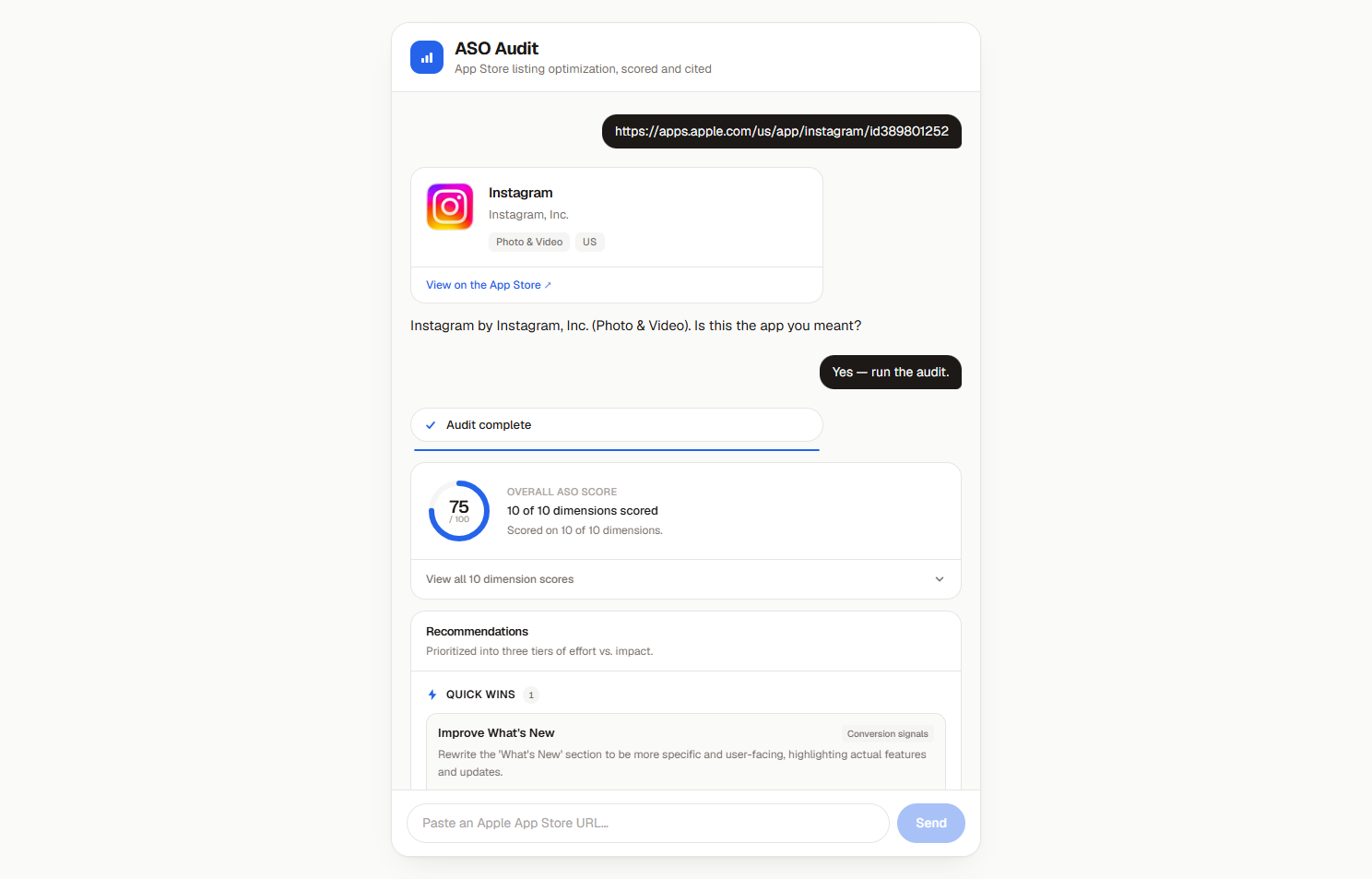ASO Audit Agent confirming an Instagram App Store listing, then returning a completed audit with an overall score and prioritized recommendations.