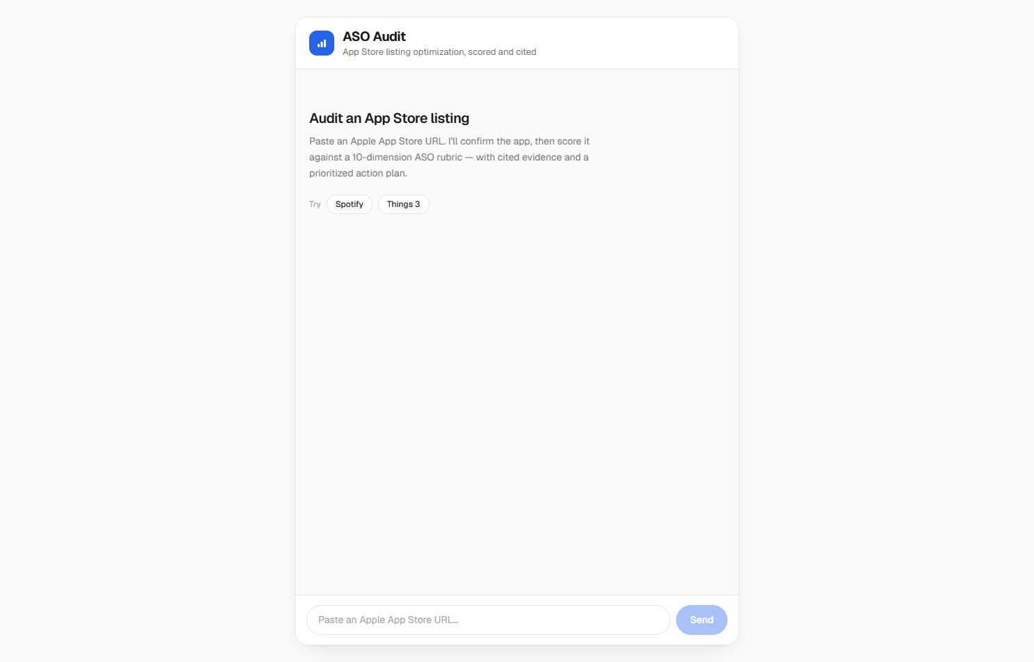 ASO Audit Agent landing state - a prompt to paste an Apple App Store URL, with Spotify and Things 3 offered as examples to try.