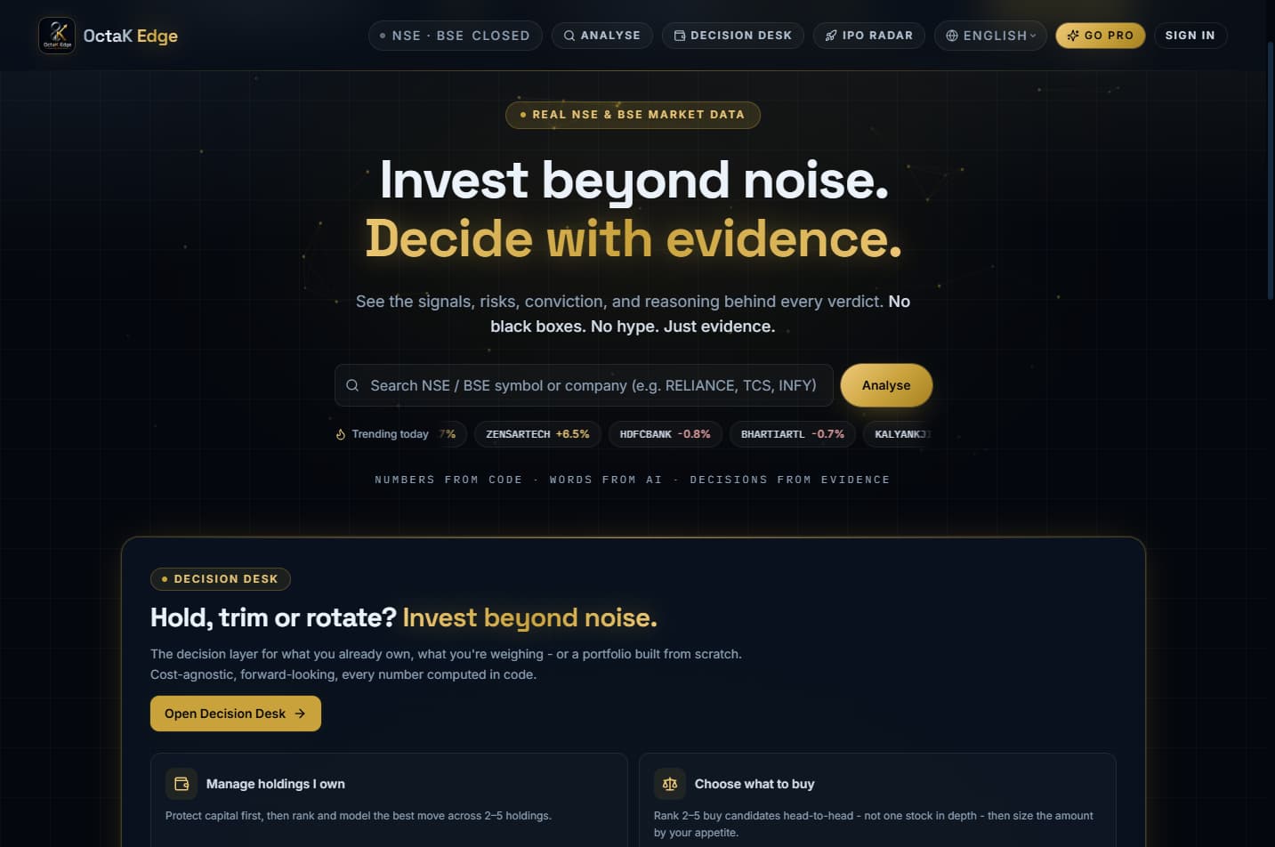 OctaK Edge landing page - a search box to analyse any NSE or BSE stock, under the headline 'Invest beyond noise. Decide with evidence.'