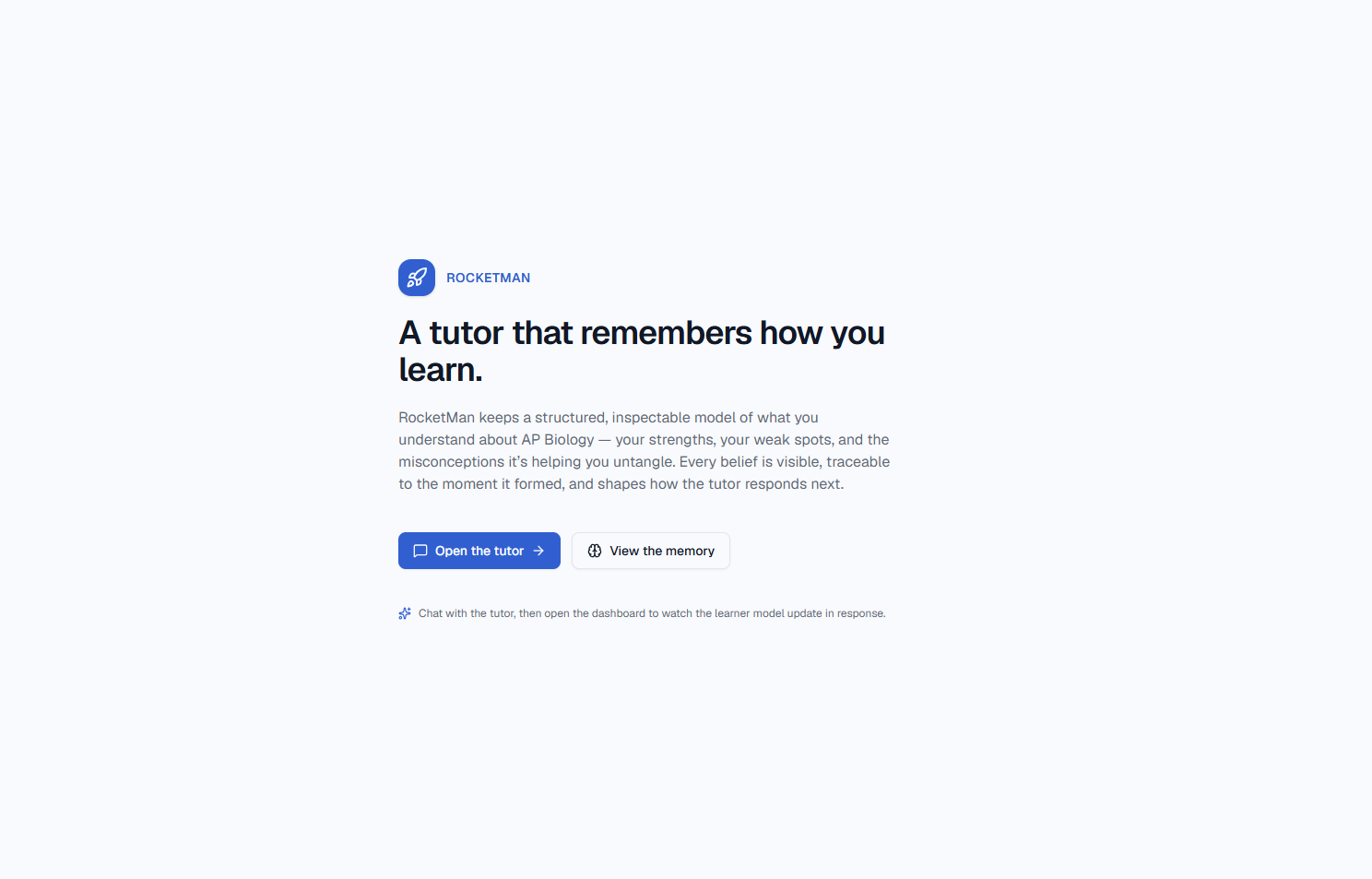 Learner Memory System landing page - headline 'A tutor that remembers how you learn', with actions to open the tutor or view the memory.